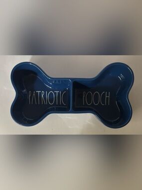 Rae Dunn patriotic pooch dog bowl bone shape ceramic blue white